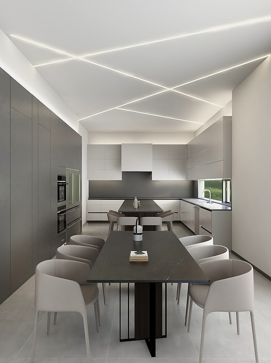 Toronto custom home design build project by Nestwood Home, Powered by Z Square Group. The image depicts a modern kitchen with a long black dining table and chairs, a white refrigerator, and a white oven. There is also a large window with a view of the outdoors. The lighting in the room is highlighted by white lines on the ceiling, creating a unique and visually appealing design element.