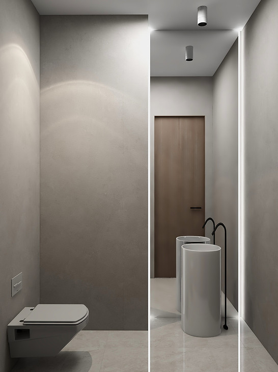 Toronto custom home design build project by Nestwood Home, Powered by Z Square Group. The image depicts a modern bathroom with a white toilet, a white sink, and a mirror. The toilet is placed in front of the sink, and the mirror is mounted on the wall above the sink. The bathroom also features a wooden door and a lighted mirror on the wall.