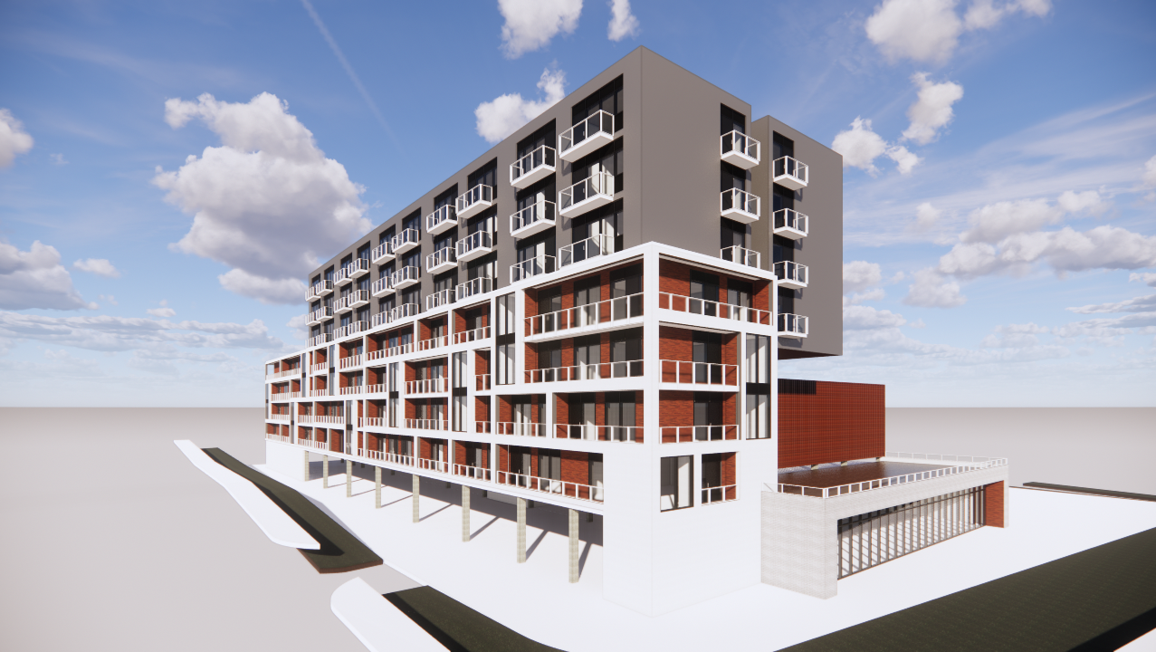 Z Square Group. The image depicts a modern apartment building with multiple floors, balconies, and a rooftop terrace. The building has a mix of red and white colors, with large windows and a sloping roofline. The image is set against a blue sky with white clouds.