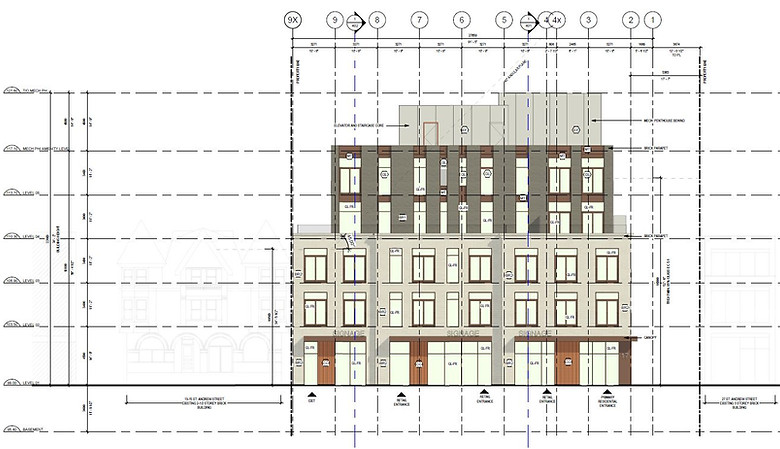 Z Square Group. The image depicts a three-story building with a mix of brown and white colors. The building has multiple windows on each floor, and there are several entrances and exits. The architectural style appears to be a combination of modern and traditional elements.
