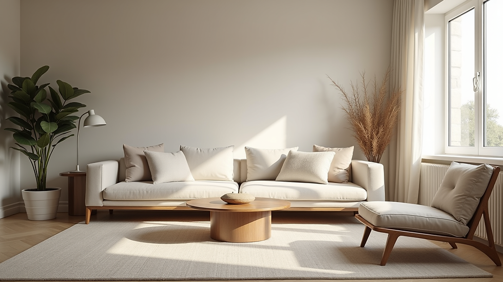 Eye-level view of a beautifully staged living room with neutral tones