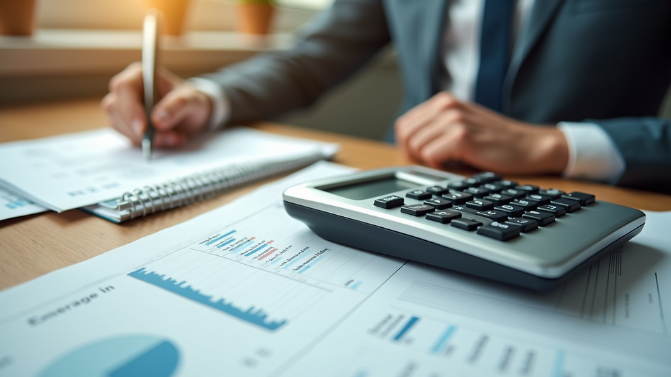 Eye-level view of a calculator and financial documents on a wooden desk