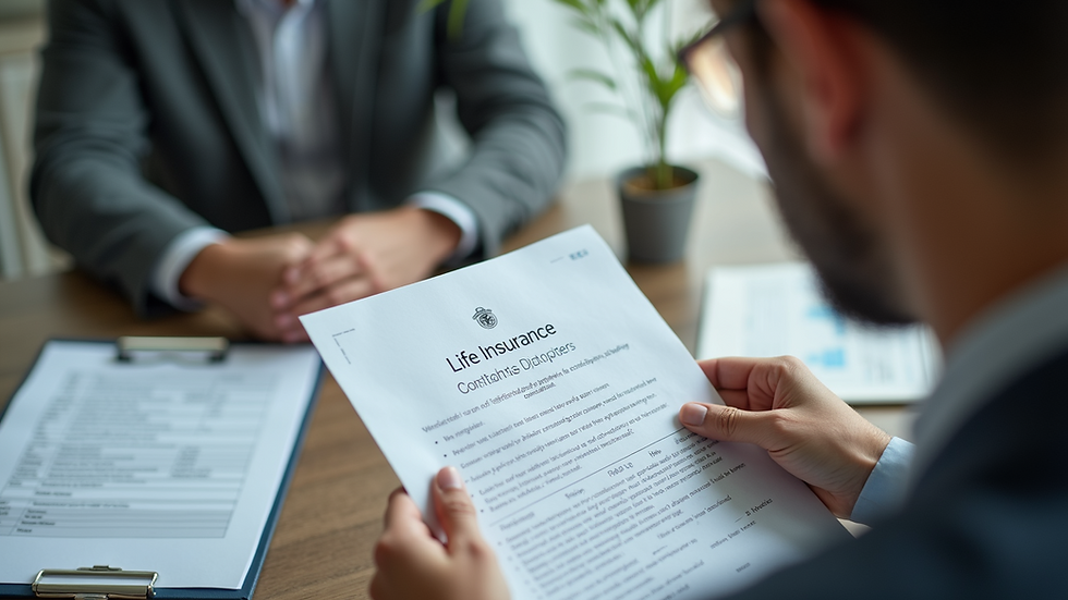 High angle view of a person reviewing life insurance documents