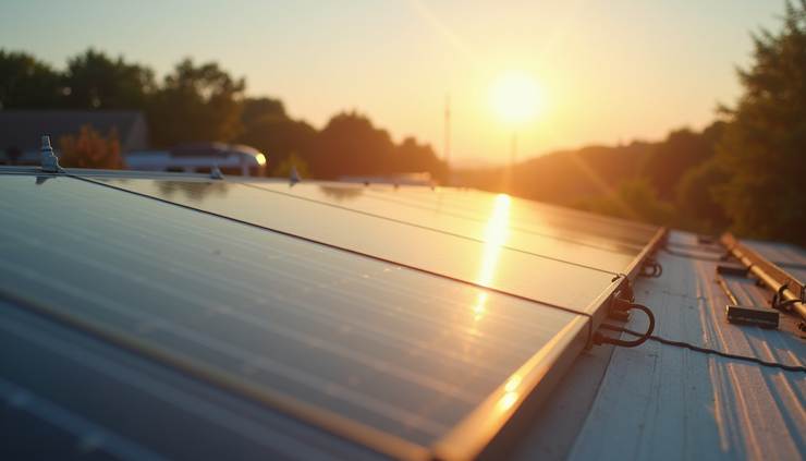 High angle view of a clean RV solar panel system on a sunny day