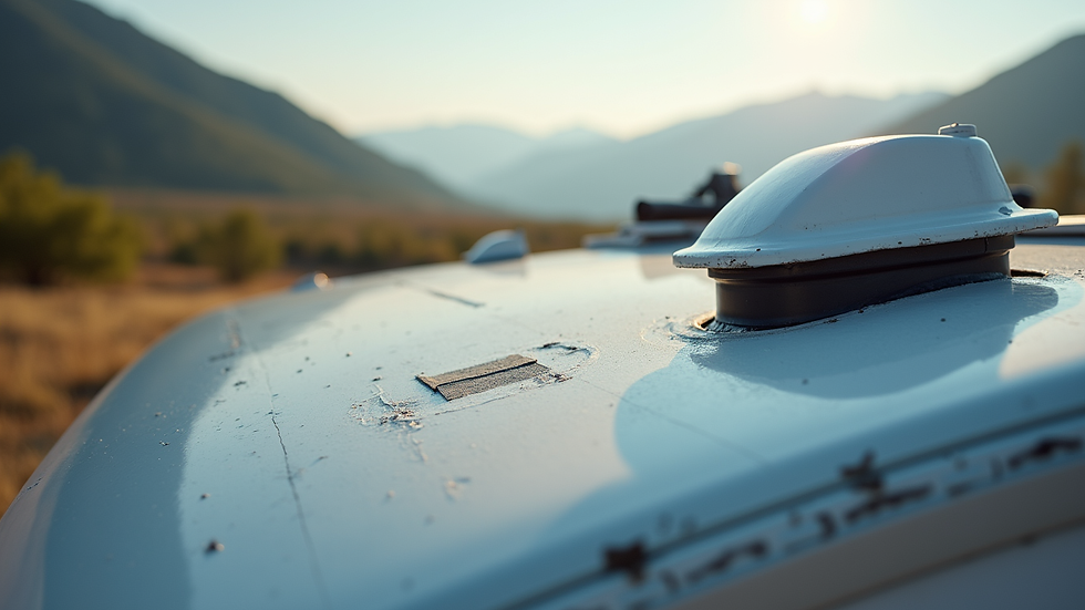 Close-up view of RV roof inspection showing potential leak areas