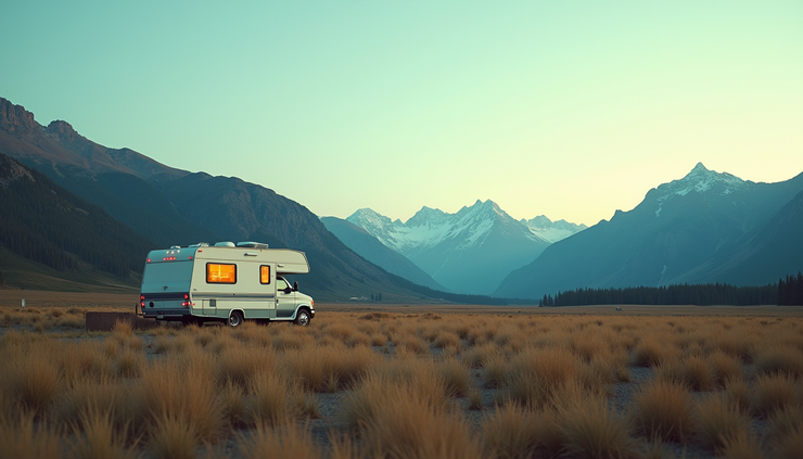 High angle view of an RV parked at a scenic campsite with a clear sky