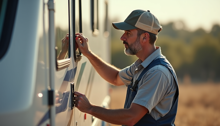 Eye-level view of a used RV parked outdoors during inspection