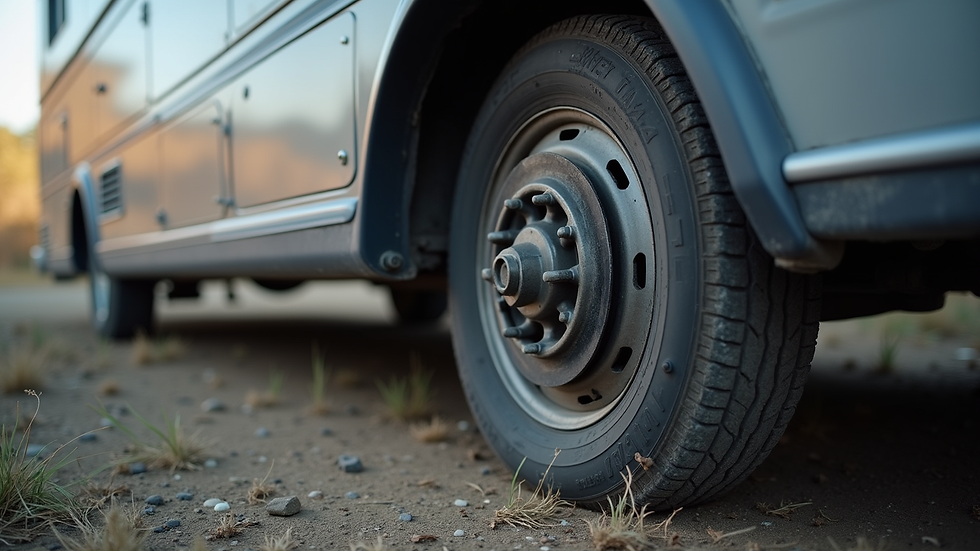 Close-up view of RV tire and brake inspection