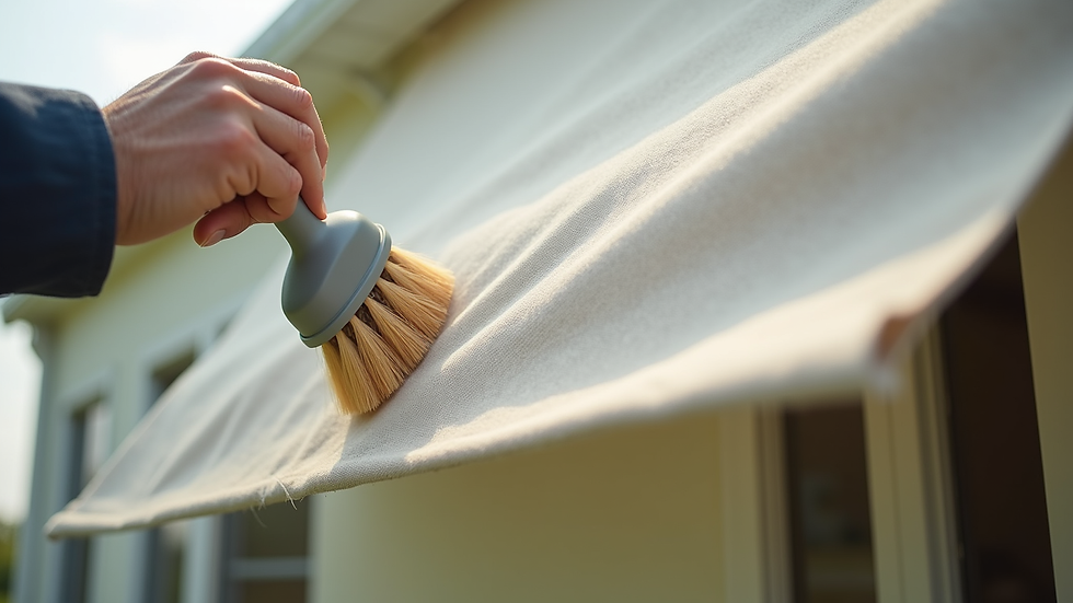 Close-up view of RV awning fabric being cleaned with a soft brush