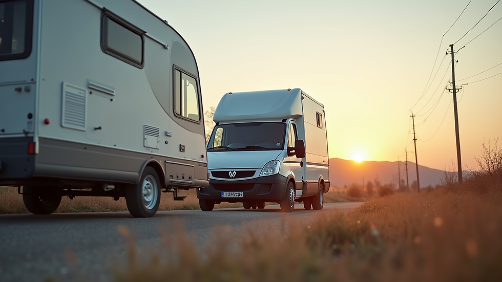 Eye-level view of a mobile RV service van parked beside a travel trailer