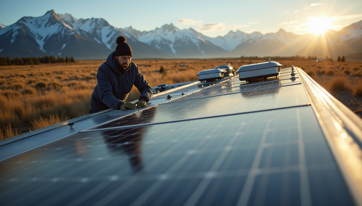 High angle view of a technician installing solar panels on an RV in Calgary