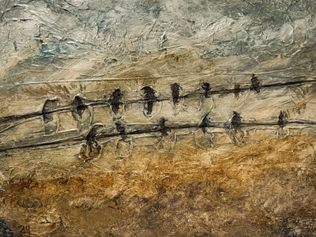 Birds On a Wire by Katie P Garner, 9 x 12 acrylic on cradled wood.