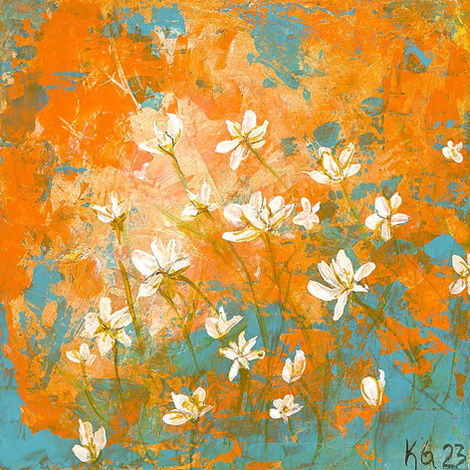 Small White Flowers by Katie Garner is a 6 × 6 acrylic on hardboard. This painting features small delicate flowers on a textured orange background.