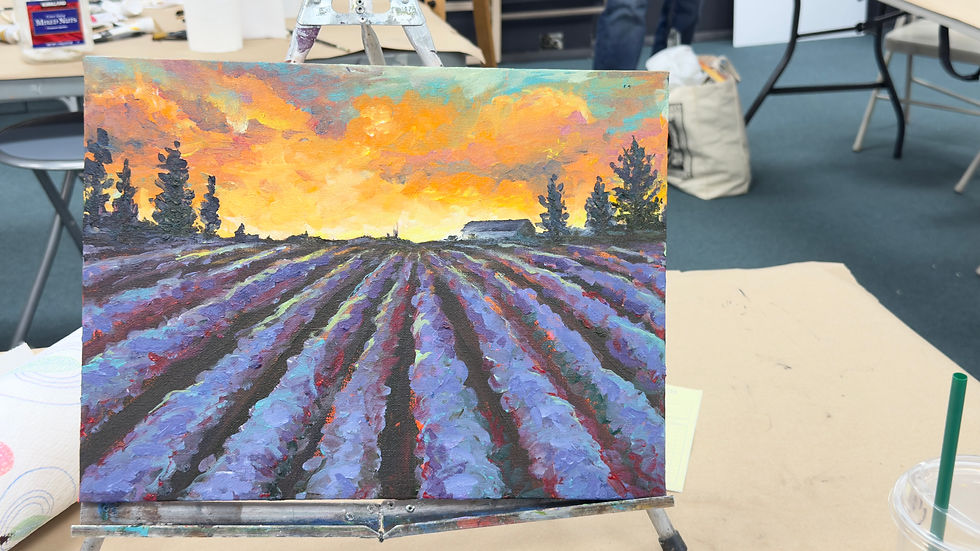 Painting of a lavender field at sunset by Katie P Garner