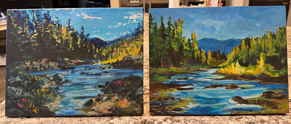 Paintings from our first lesson. We started with a black canvas and were supposed to let the black show through. Gavin’s painting (left) is much more successful at this than mine (right).