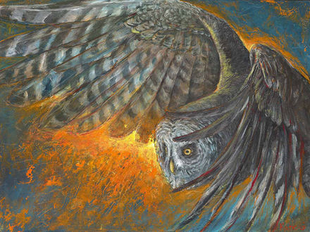 Edge of Day by Katie Garner is a 18 x 24 acrylic on cradled wood painting of a grey owl swooping across the board with a vibrant orange light glowing behind it. Featuring impasto, pallet knife and glazing techniques, Edge of Day's bright colors and dynamic action won it a best in show prize at the Liberty Gallery RRAFA juried show in Spokane, WA.