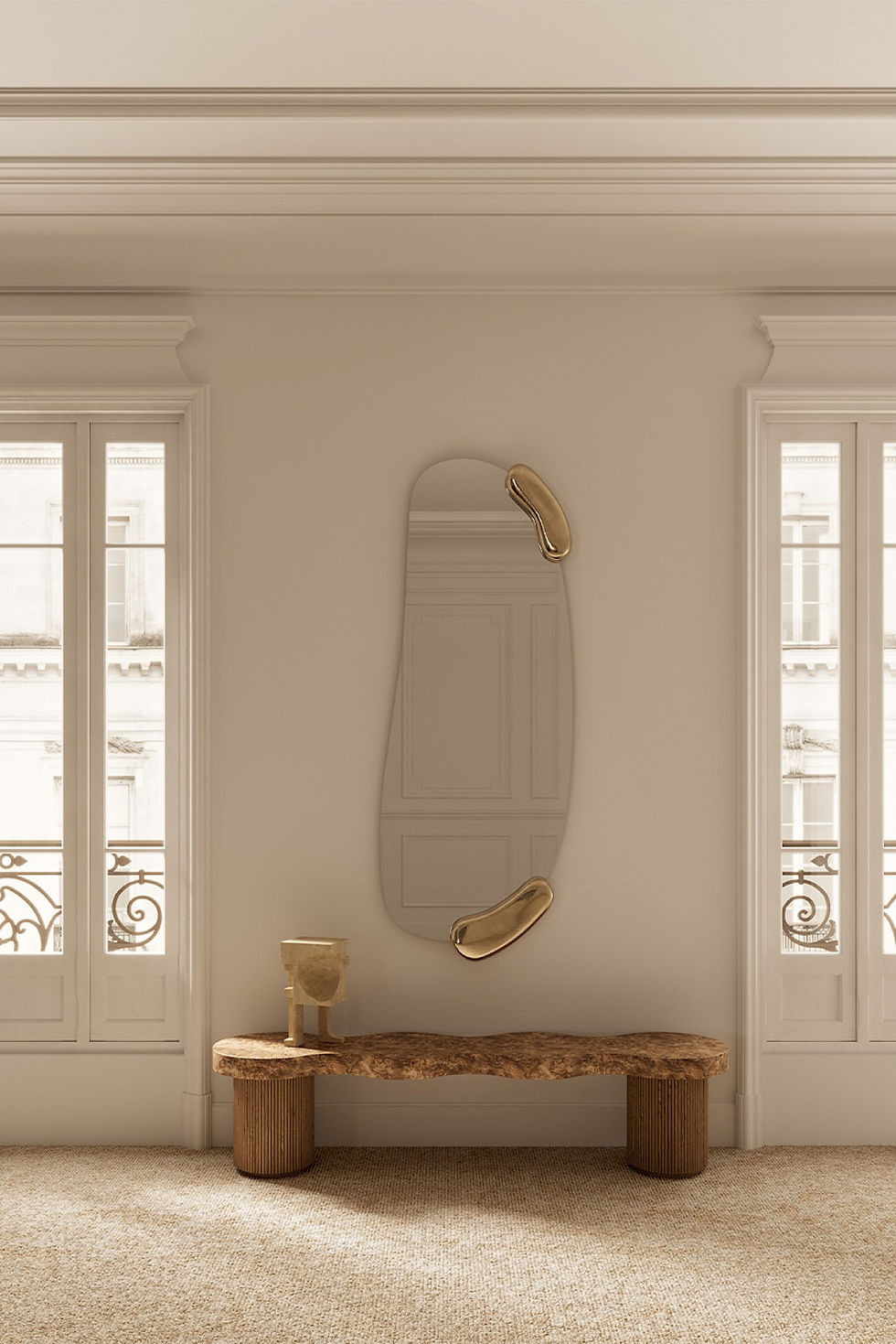 Minimalist room with irregular mirror and wooden bench