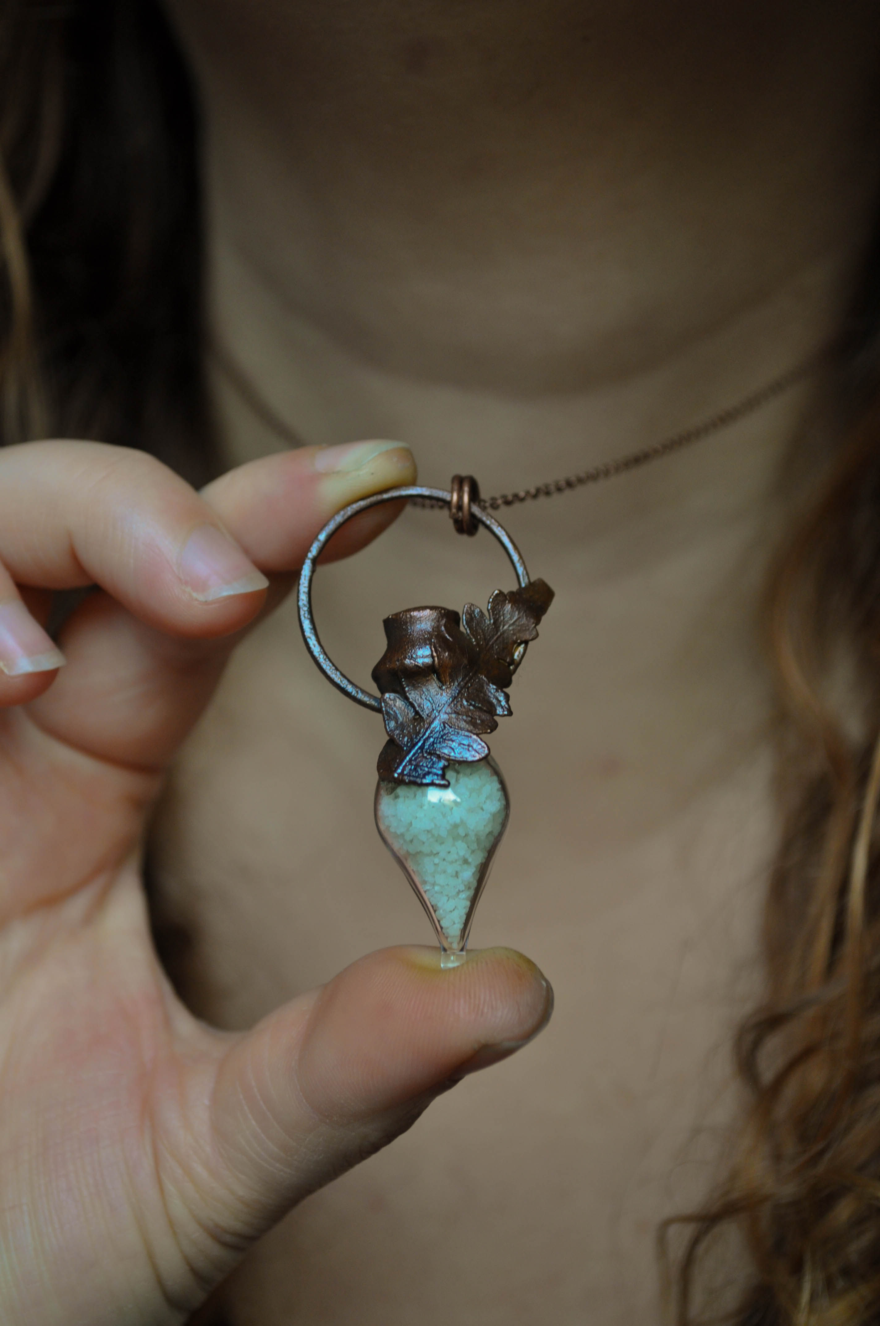 Fiole de tempête - Fiole, poudre phosphorescente, fougère, cuivre