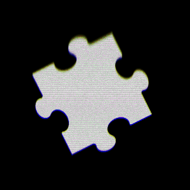 A wite puzzle peice on a black background, covered in glitch effects