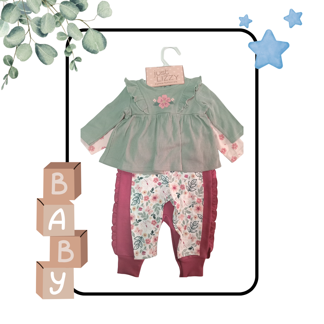 Green Floral Long Sleeve Pant Suit (4 Pcs)