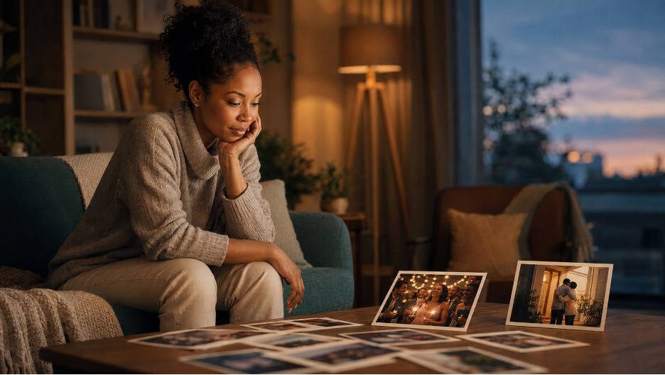 A reflective Black woman sits on a sofa at dusk looking at photographs, with one joyful celebration and one warm goodbye standing out among softer memories.