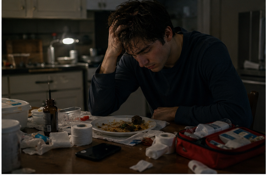 An exhausted young man sits at a kitchen table beside an untouched meal and first-aid supplies after helping others through the night