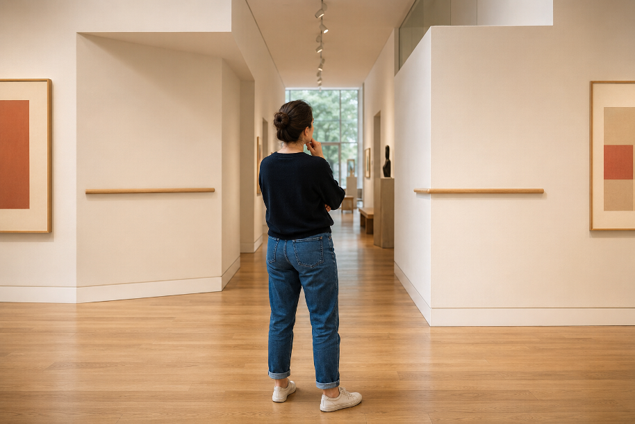 A visitor stands between a recessed and a projecting corner in a gallery, comparing equal wooden rails placed within different perspective contexts.