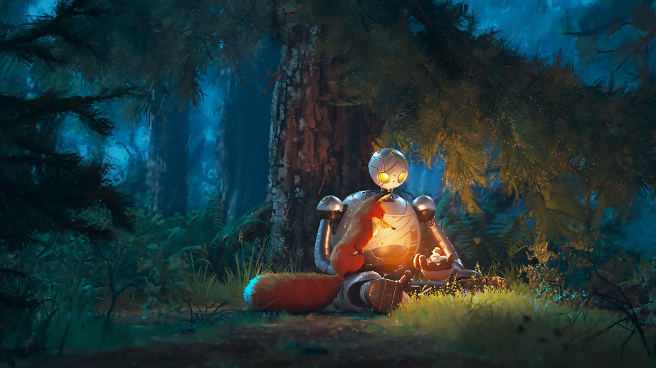 Roz and Fink rest together beneath a tree, surrounded by the island forest.