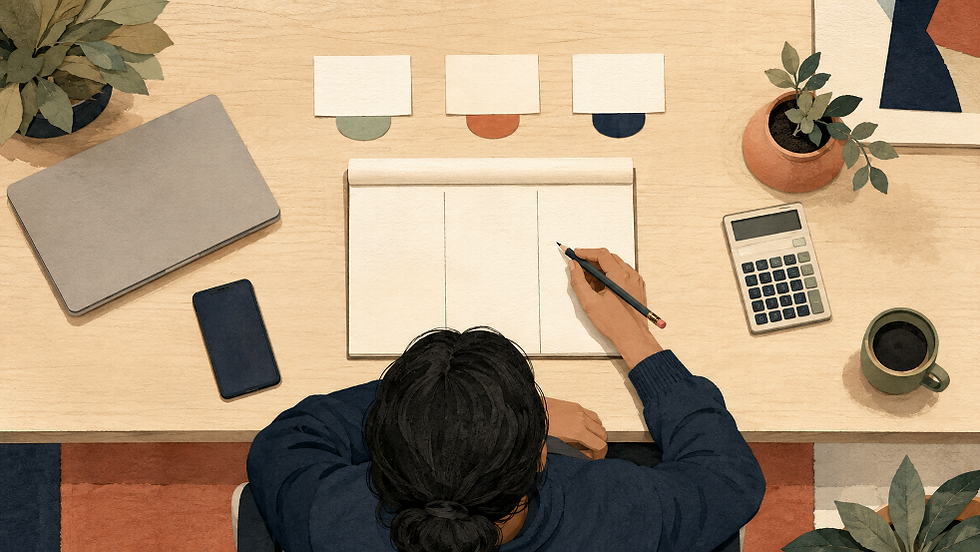 An adult makes an independent estimate at a desk with a three-part notepad, closed laptop, calculator and blank comparison cards.