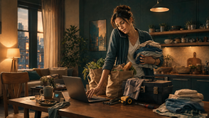 Woman in cozy apartment packs groceries and laundry while using a laptop at a cluttered table, with city lights outside.