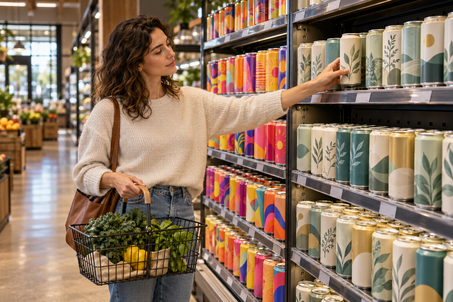 A shopper reaches for a muted botanical can beside rows of brightly coloured and softly coloured unbranded drinks.