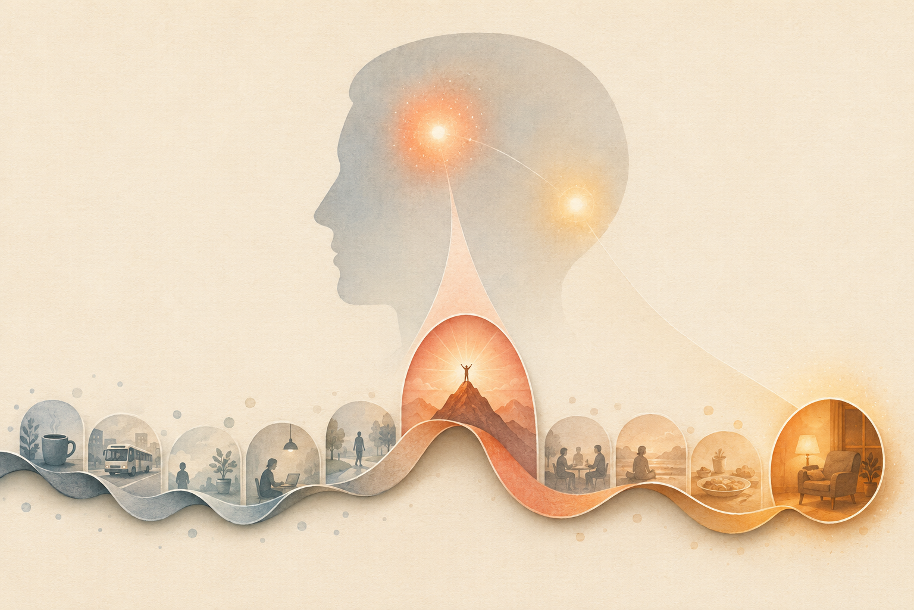 A flowing ribbon of everyday moments rises into one vivid emotional peak and finishes at a warm endpoint beneath a translucent head containing two memory lights.
