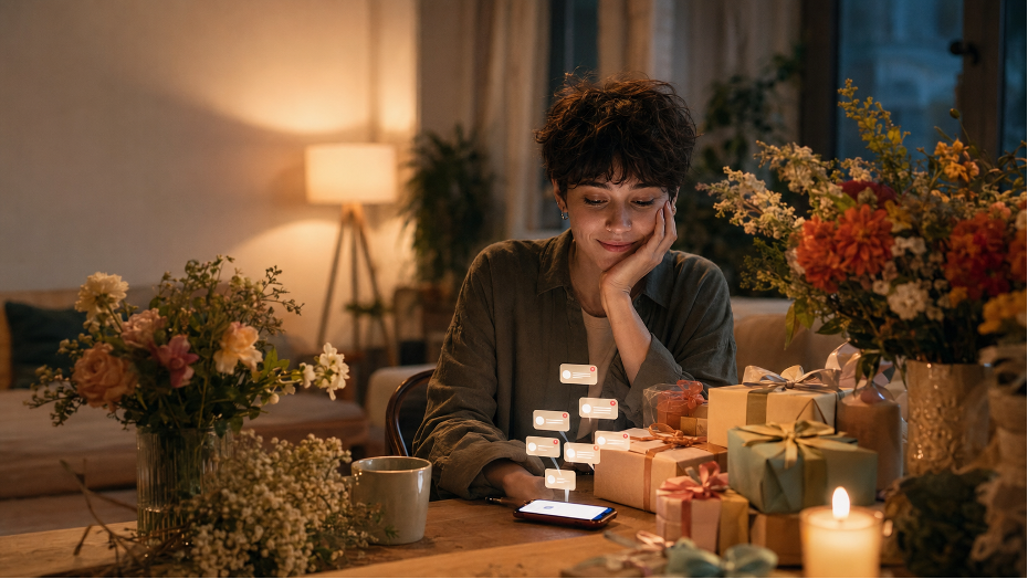 An adult sits thoughtfully at a table crowded with flowers, gifts and many phone notifications, looking pleased but slightly overwhelmed.