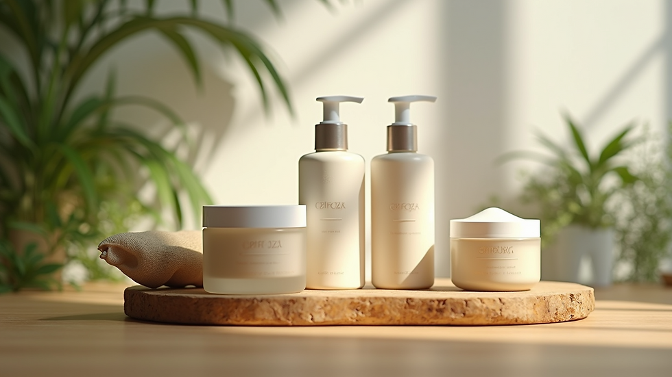 Close-up view of natural skincare products arranged on a wooden surface