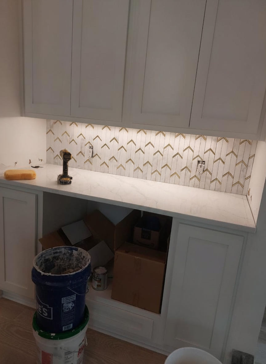 Modern tile backsplash for a bathroom remodeling project.