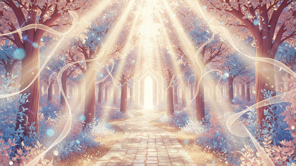 Eye-level view of a winding forest path bathed in golden sunlight