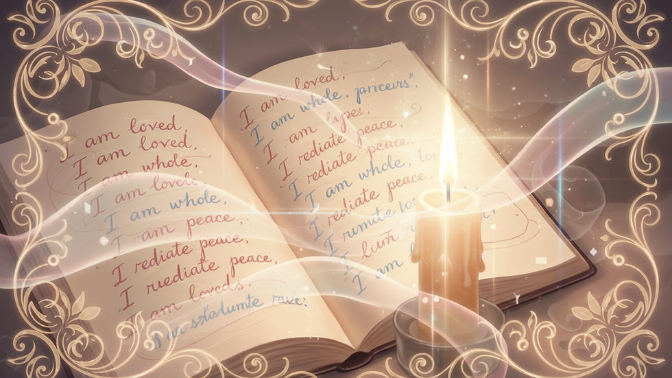 Close-up view of a journal with handwritten affirmations and a glowing candle