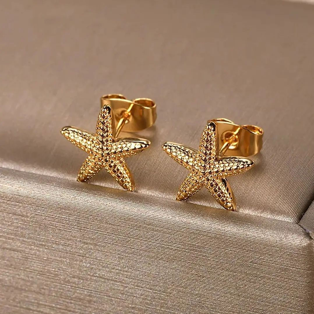 Vintage Summer Starfish Stainless Steel Stud Earrings For Women Simple Star Shel