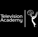 Black Background with White Lettering reads Television Academy. beside it on the right is a white line and then the Emmys statue in white.