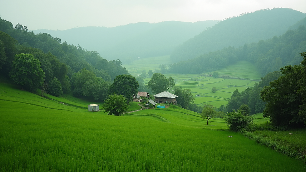 High angle view of lush green landscape near Alibag with a cozy village