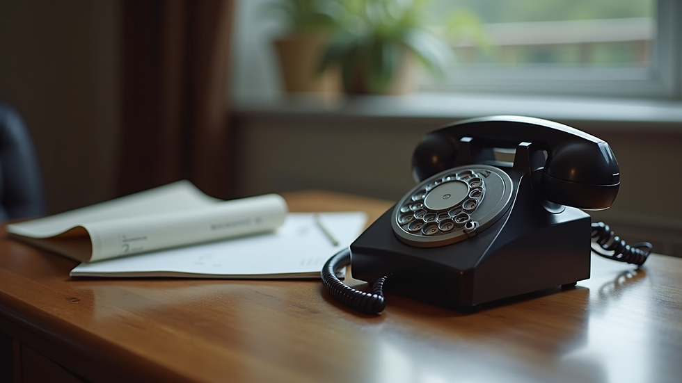 Close-up of a phone receiver on a desk with a legal book in the background