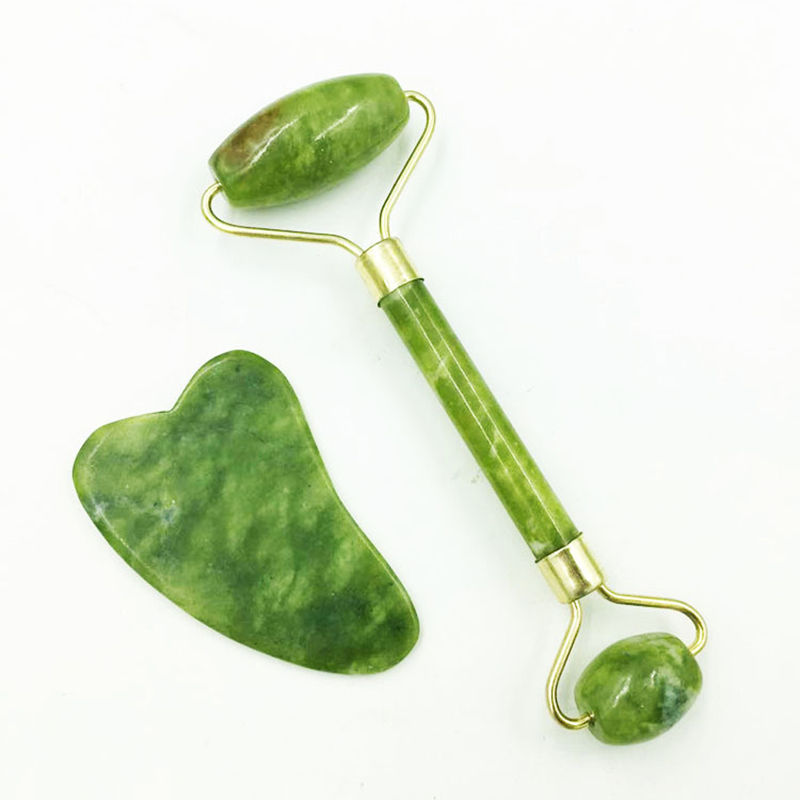 Natural Jade Face Roller & Gua Sha Board Set — Facial Massage & Contouring Tool