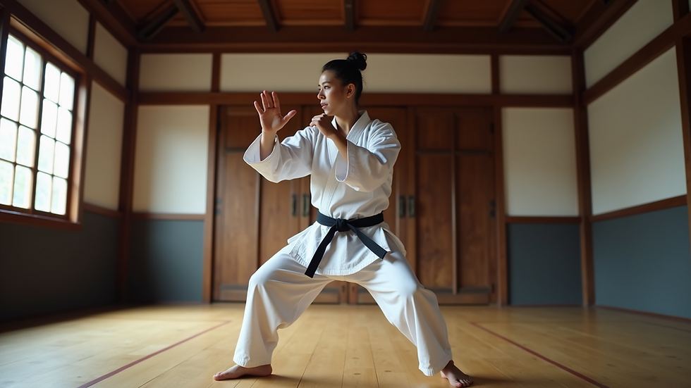 Eye-level view of a martial artist practicing a strong stance in a dojo