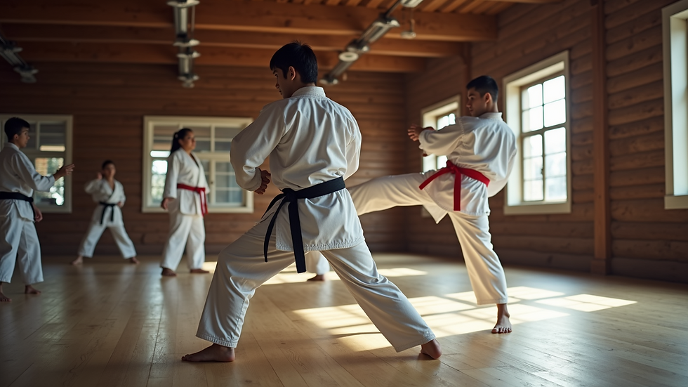 Wide angle view of martial arts class in session