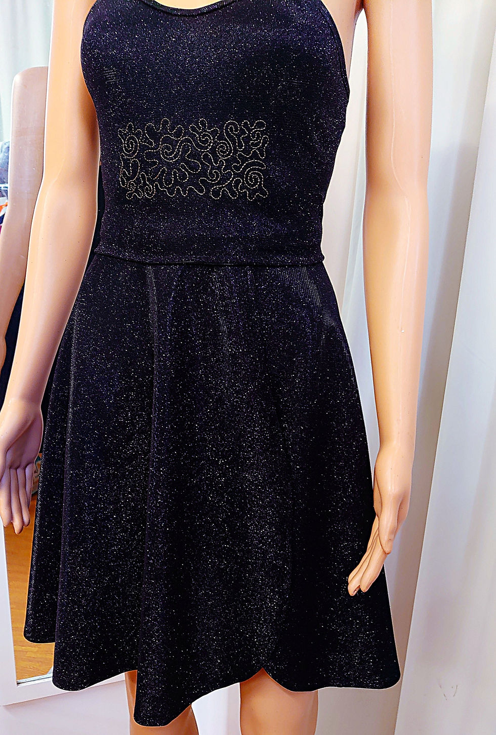 Thumbnail: Carmen – elastic, metallic glitter embroidered crop top & overlapping skirt set.