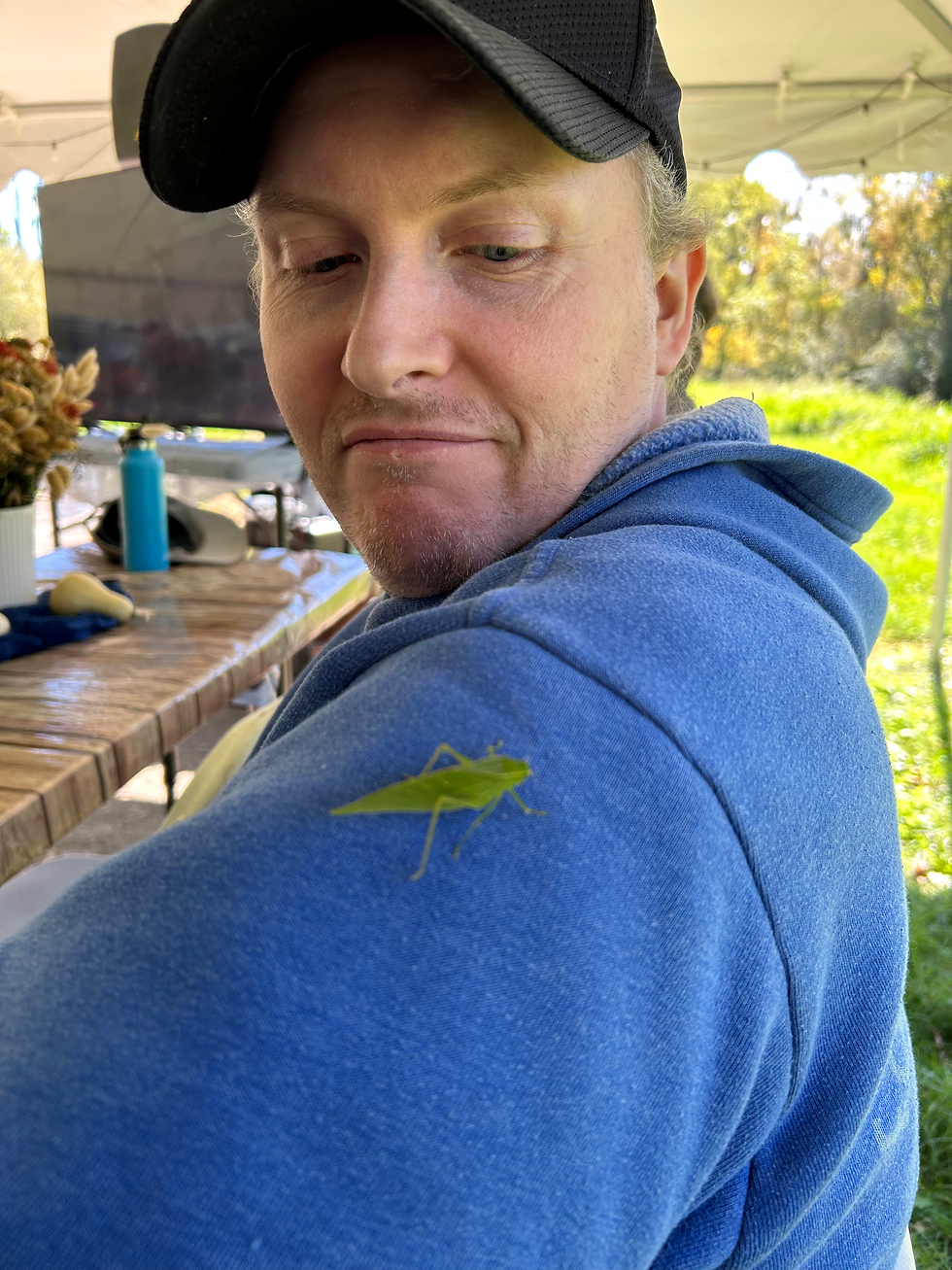 a white man in a light blue sweatshirt and a black hat looking at a bright green katydid sitting on his shoulder.