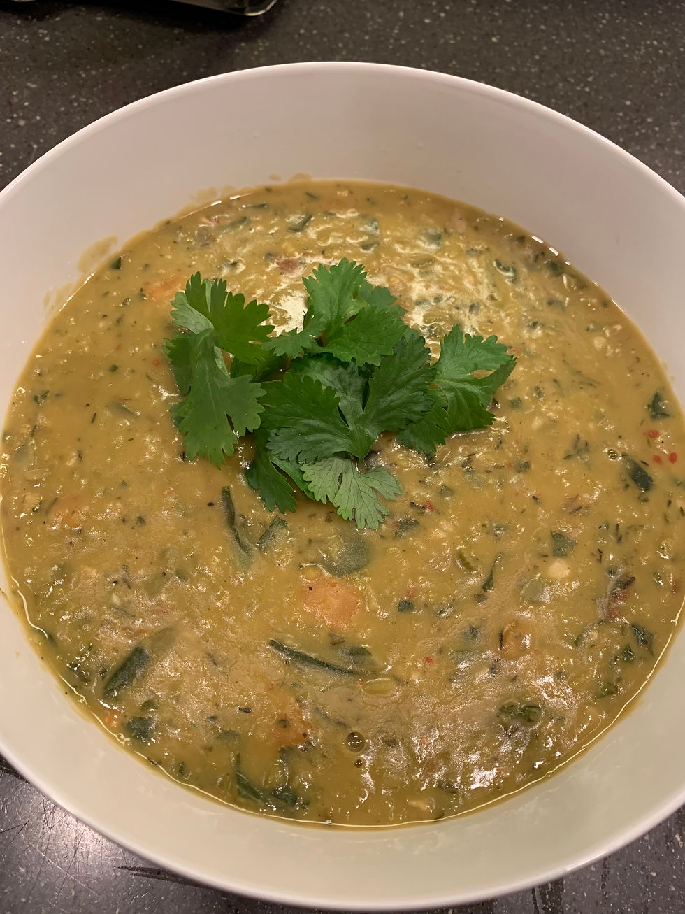 vegan split pea soup in a white bowl