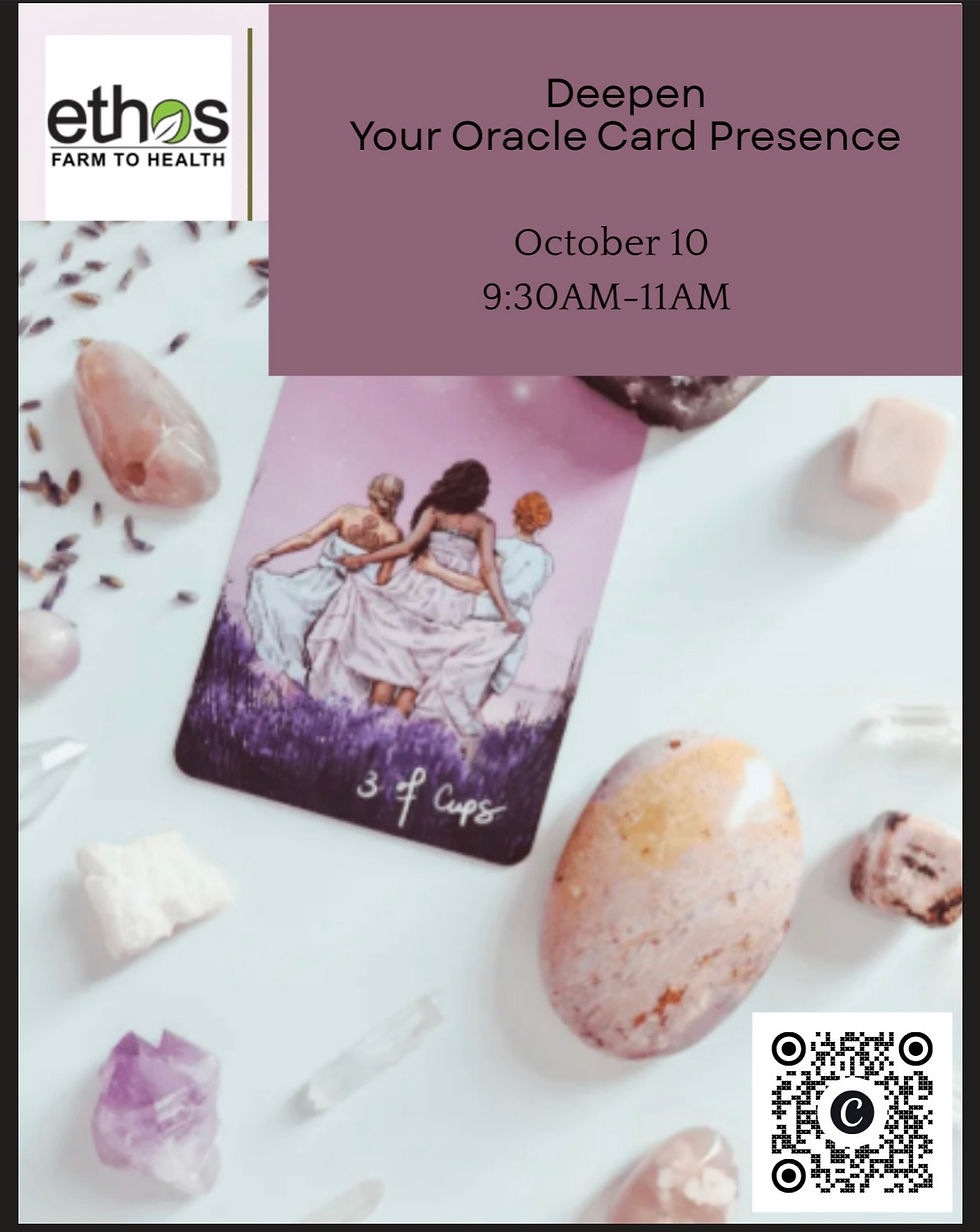 white and pink background featuring Ethos Health logo on the upper left and pink box with the oracle card class name and time, images of pink crystals, and an oracle card featuring 3 women