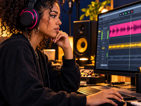 Artista independente revisando uma gravação e planejando seu próximo lançamento musical.