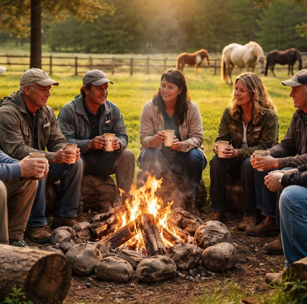 group of veterans sitting around a campfire enjoying relaxed conversation